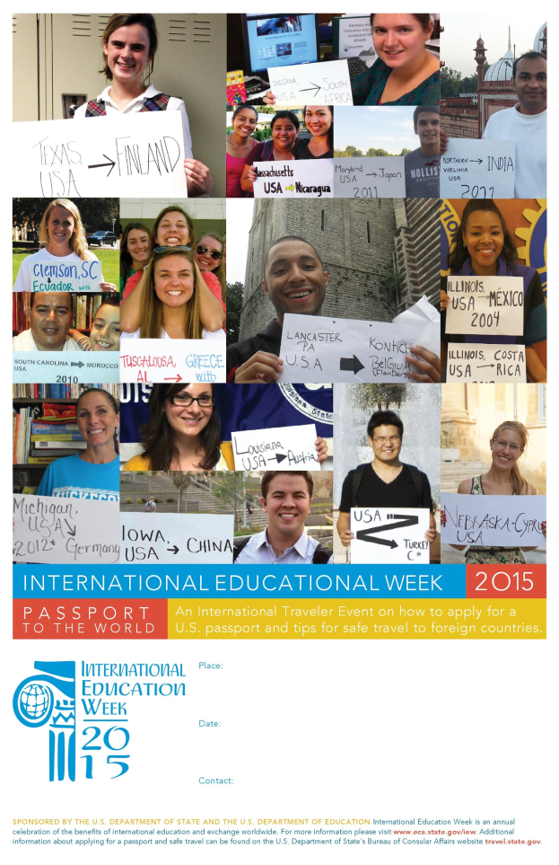 Internationaler Bildungswoche 2015-Plakat mit einer Gruppe strahlender Menschen mit Schildern und Text mit Ereignisinformationen.
