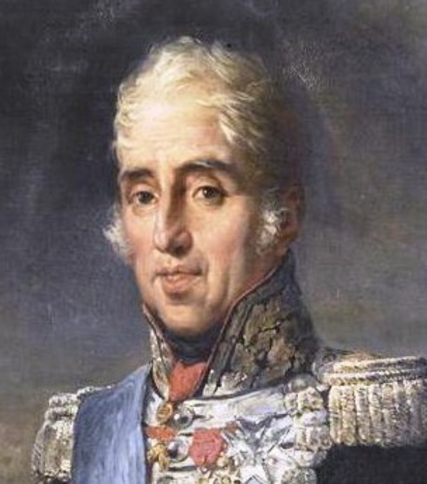 Ein Gemälde eines Mannes in militärischer Uniform, der als erster Kaiser des Römischen Reichs gilt, mit ernster Miene, in einem blauen Mantel mit goldenen Knöpfen und einer roten Schärpe, mit zurückgekämmtem Haar und einem intensiven Blick in die Ferne.