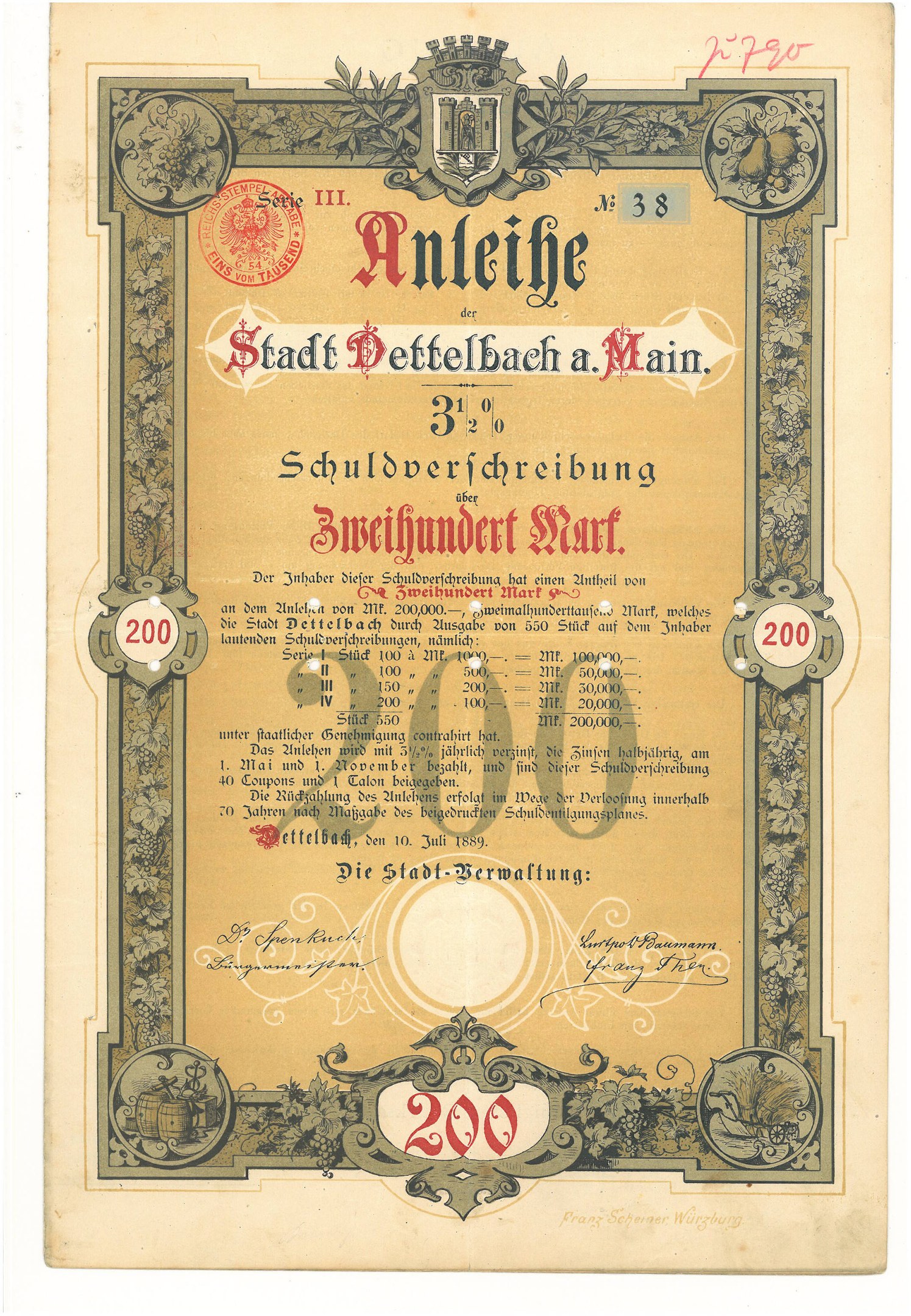 Altes deutsches Aktienzertifikat mit einem Porträt eines Mannes, mit gedrucktem Text und numerischen Werten, die die Aktiendetails angeben.