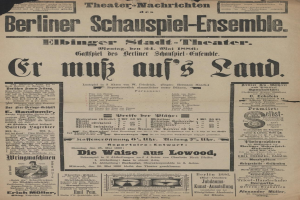 Alte Zeitungsanzeige für das Berliner Schauspiel-Ensemble aus dem Jahr 1866, die einen Mann in Anzug und Krawatte mit Text zeigt.