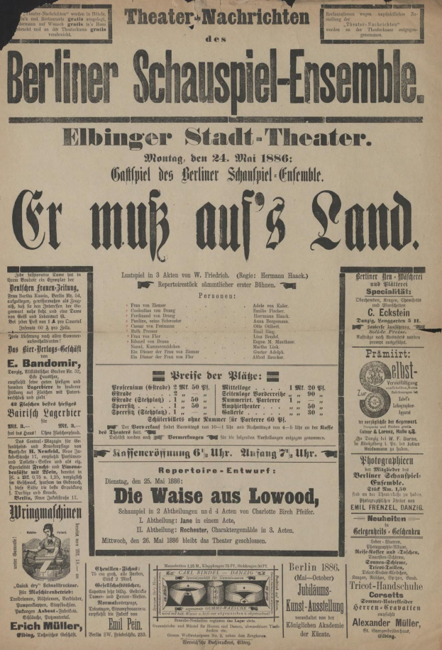 Alte Zeitungsanzeige für das Berliner Schauspiel-Ensemble aus dem Jahr 1866, die einen Mann in Anzug und Krawatte mit Text zeigt.