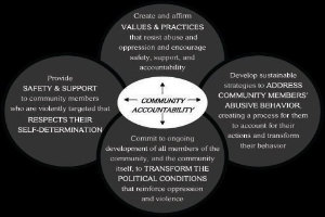 Ein Diagramm mit der Überschrift "Gemeinschaftliche Rechenschaftspflicht" mit einem zentralen Kreis, der durch Pfeile mit drei überlappenden Kreisen verbunden ist, alle in fetten, leuchtenden Farben.