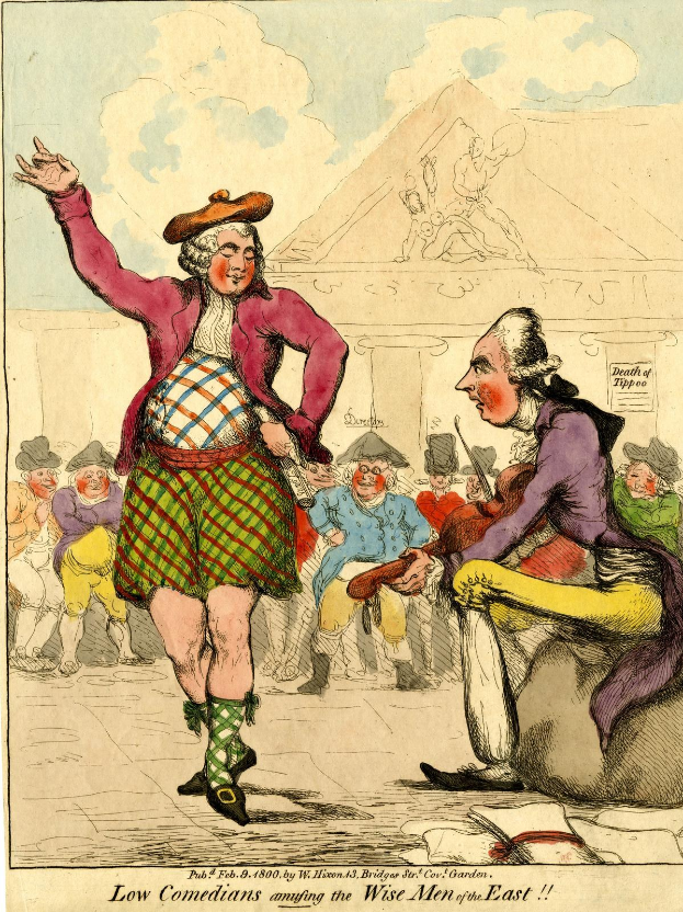 Zeichnung eines Mannes in einem Kilt und einer Frau in einem Kleid, die vor einer Menge stehen, mit einem Gebäude und Wolken im Hintergrund und dem Text 'Niedrige Komiker amüsieren die weisen Männer des Ostens' unten.