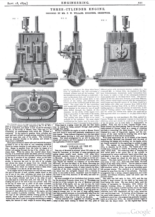 Eine Buchseite mit einer Zeichnung von drei verschiedenen Motoren und begleitendem Text, der ihre Spezifikationen und Merkmale beschreibt.