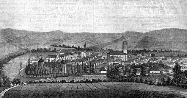 Ein Schwarz-Weiß-Zeichnung einer kleinen Stadt in einem Tal umgeben von Bäumen und Hügeln, mit dem Text "Bayern, Deutschland, 1857" oben.