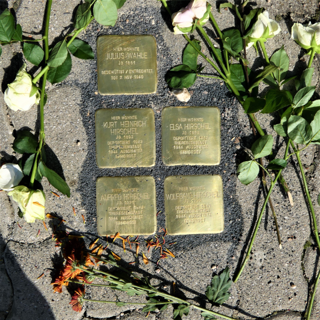 Ein Denkmal mit vier Messingplatten auf dem Boden, jede mit Text beschriftet, umgeben von weißen Rosen mit Stielen und Blättern.