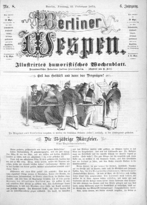 Eine alte deutsche Zeitung namens "Berliner Wespen" vom 21. Februar 1873 mit einem Foto einer Gruppe von Menschen in traditioneller deutscher Kleidung in einem Gespräch.