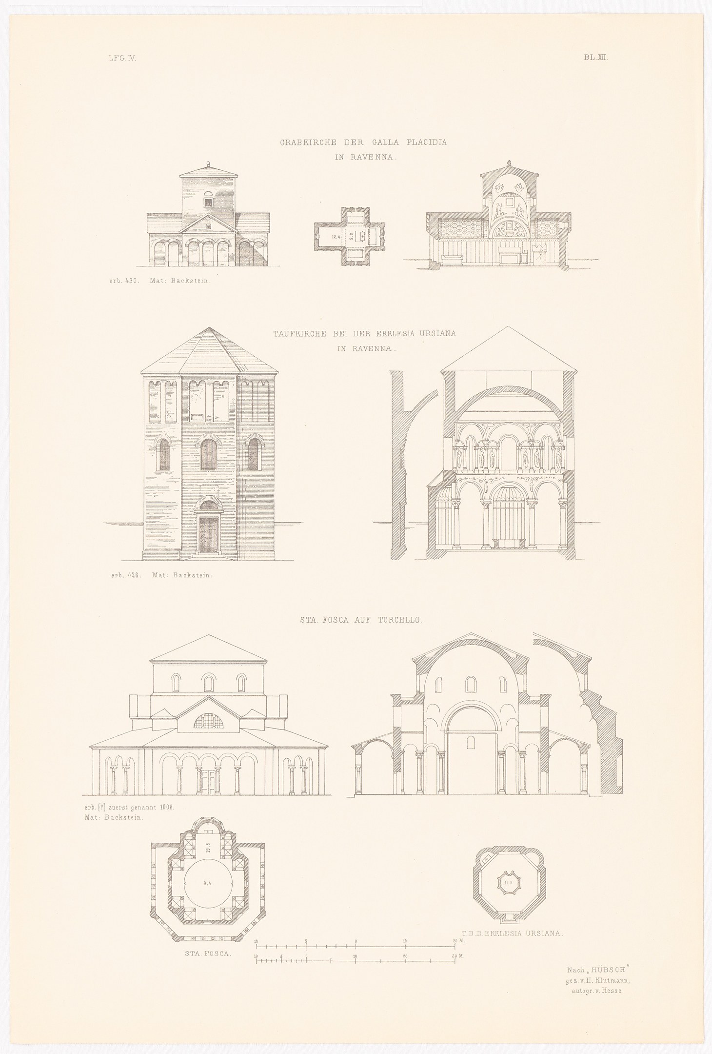Eine Seite aus einem Buch mit detaillierten Zeichnungen verschiedener Gebäude mit unterschiedlichen Architekturstilen, begleitet von beschreibendem Text über ihre Geschichte.