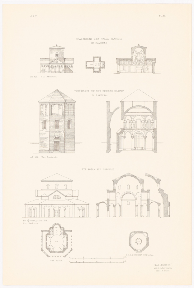 Eine Seite aus einem Buch mit detaillierten Zeichnungen verschiedener Gebäude mit unterschiedlichen Architekturstilen, begleitet von beschreibendem Text über ihre Geschichte.
