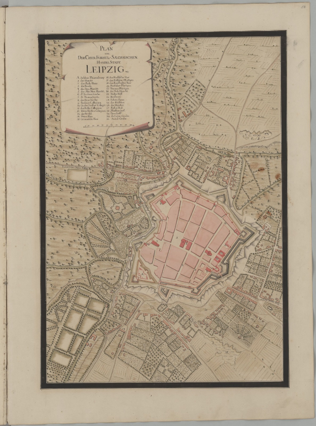 Ein altes Buch mit einer detaillierten Karte von Leipzig, Deutschland, mit Straßen, Gebäuden und Sehenswürdigkeiten.