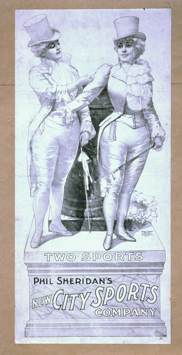 Ein Vintage-Plakat für die New City Sports Company von Phil Sheridan, das zwei Personen nebeneinander zeigt, mit Text, der das Unternehmen und seine Dienstleistungen beschreibt.