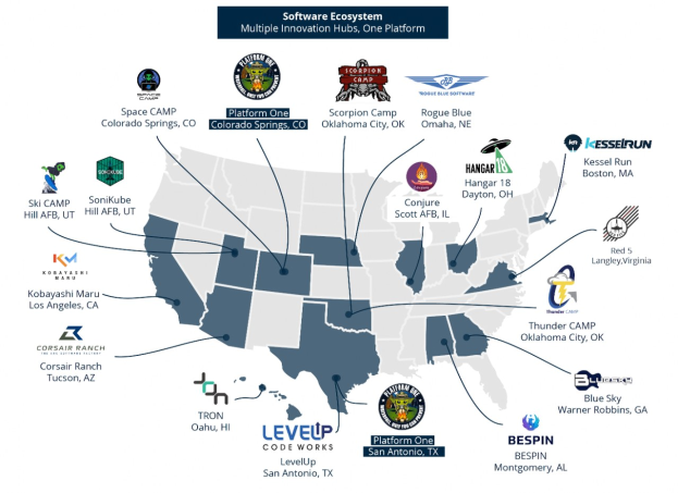 Eine Karte der Vereinigten Staaten mit Logos von Unternehmen, die die Standorte von Software-Ökosystem-Geschäften markieren, begleitet von beschreibendem Text.