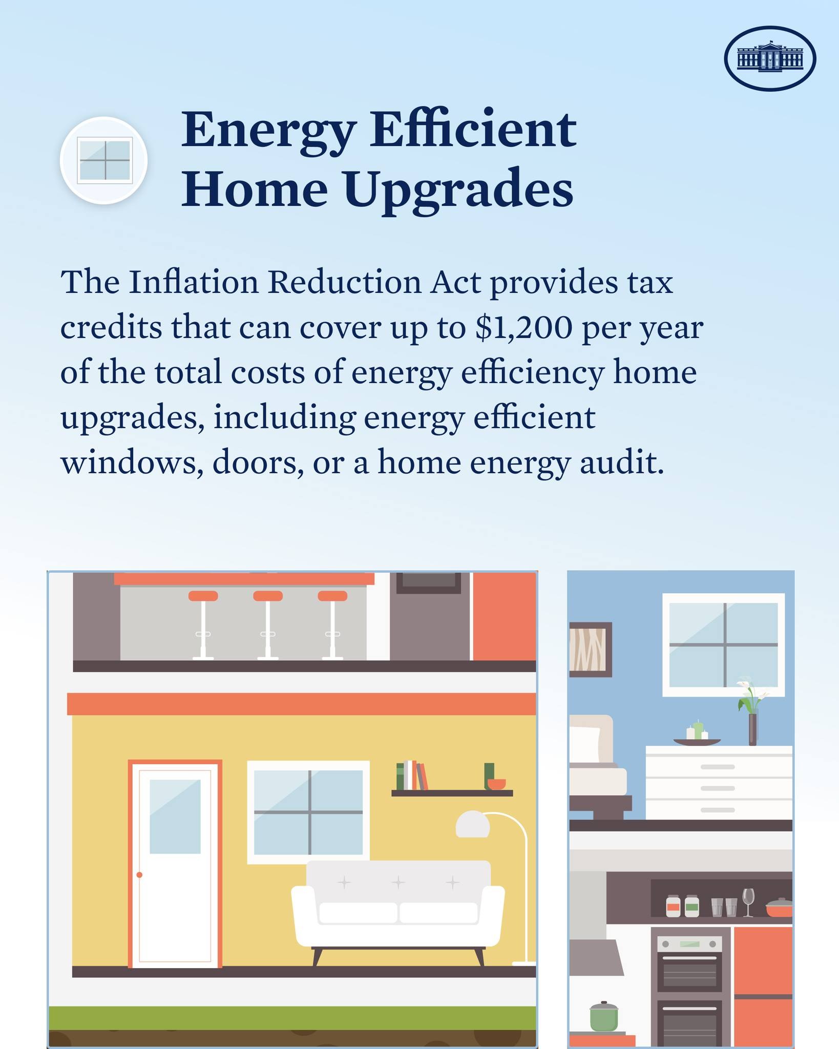 Plakat mit der Überschrift "Energieeffiziente Hausumbauten" mit einer Liste von Steuervergünstigungen für Hausumbauten wie Fenstern, Türen oder einer Energieaudit, mit Bildern eines Hauses, einer Couch, einer Lampe, eines Schranks und einer Blume.