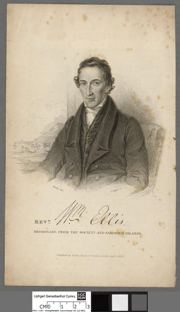 Porträt von Herrn Ellis, einem Missionar aus der Gesellschaft und den Sandwich-Inseln, der in einem Stuhl sitzend mit ernster Miene eine Jacke trägt und ein Papier mit Text hält, der wahrscheinlich seine Mission beschreibt.