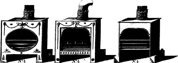 Drei schwarze und weiße Holzöfen, die in einem Dreieck angeordnet sind, mit dem größten in der Mitte, jeweils mit einer hohen zylindrischen Abzugshaube.