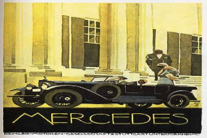 Vintage-Mercedes-Benz-Plakat aus den 1920er Jahren mit einem klassischen Auto vor einem modernen Gl├Ąserbau, mit zwei Personen im Auto und fetter schwarzer Schrift, die 'Mercedes-Benz' unten lesen.