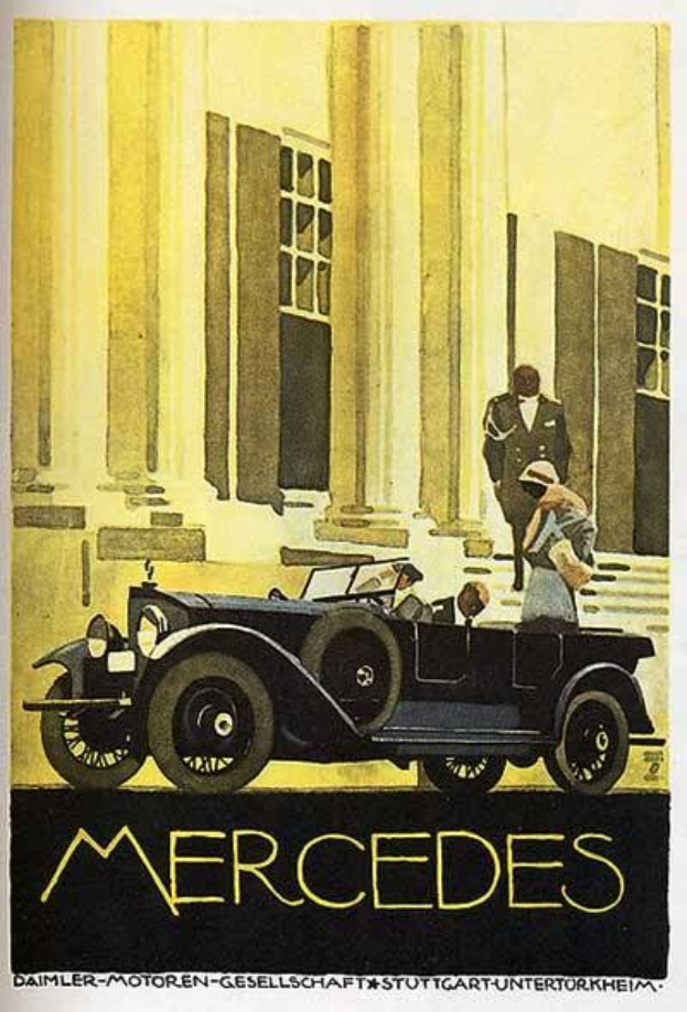 Vintage-Mercedes-Benz-Plakat aus den 1920er Jahren mit einem klassischen Auto vor einem modernen Gl├Ąserbau, mit zwei Personen im Auto und fetter schwarzer Schrift, die 'Mercedes-Benz' unten lesen.