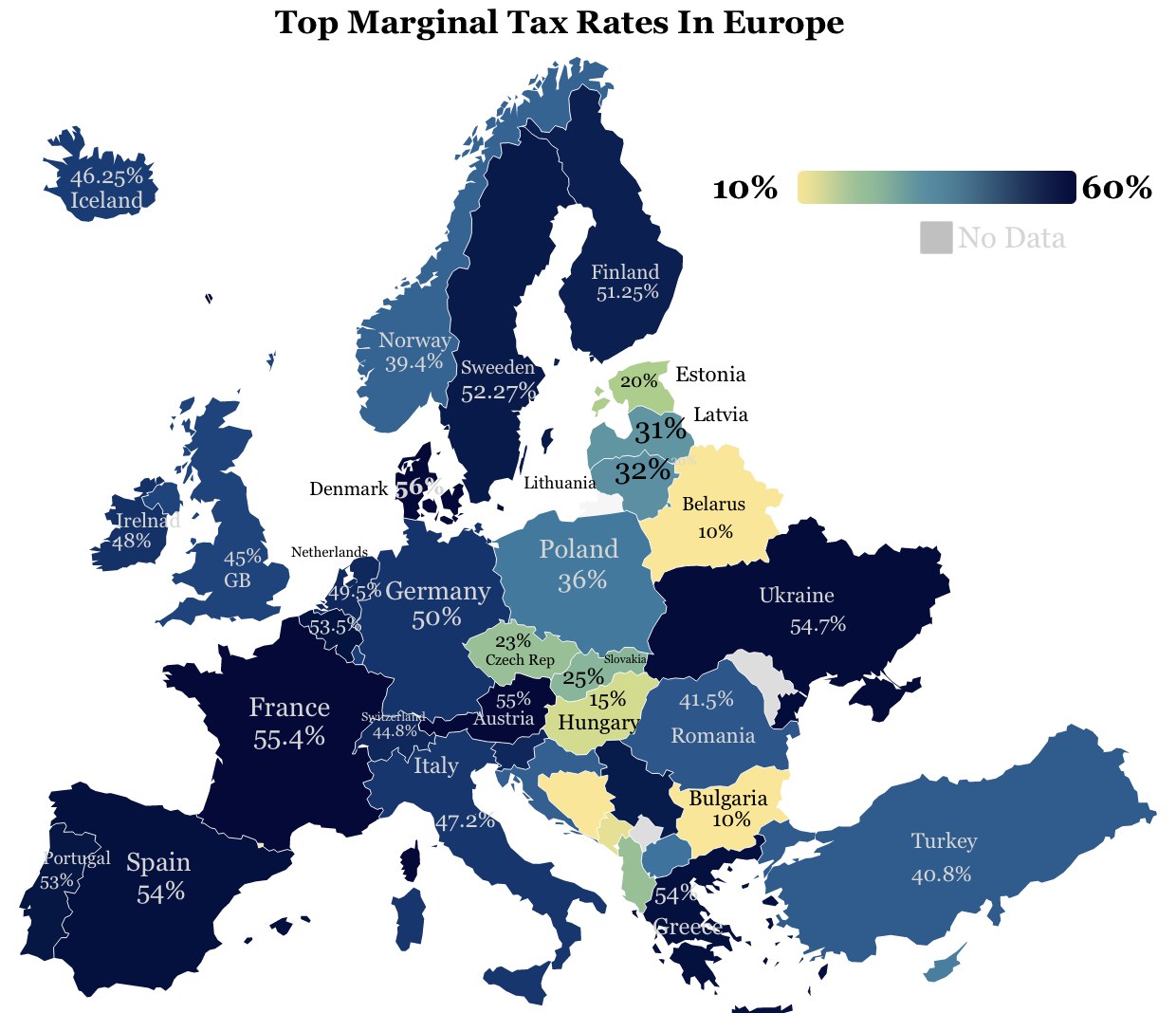 Eine Europa-Karte mit Farben, die die Höchststeuersätze pro Land anzeigen, mit der Überschrift "Höchststeuersätze in Europa."