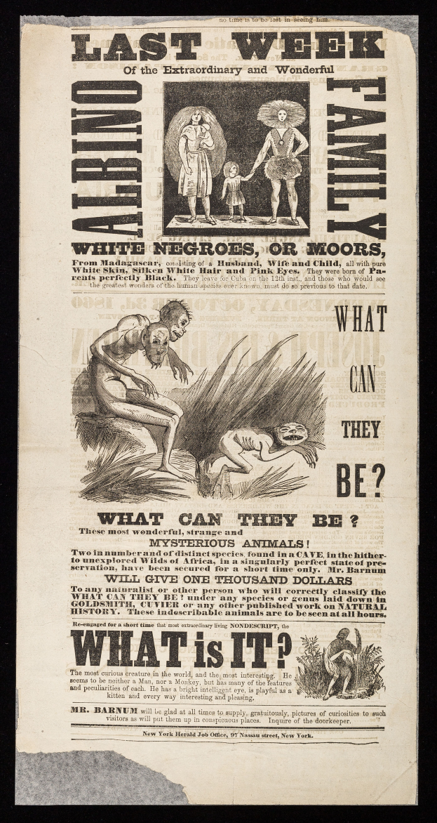 Eine Vintage-Zeitungsanzeige f%C3%BCr eine Vorstellung mit dem Titel "Die letzte Woche der extraordinary and wonderful family", die Text und Illustrationen verschiedener Personen enthielt.