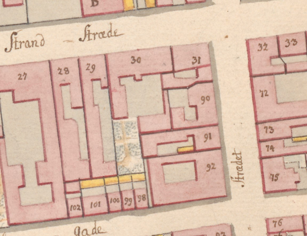 Alte detaillierte Karte von Strand, Deutschland, die Straßen, Gebäude und andere Merkmale zeigt.