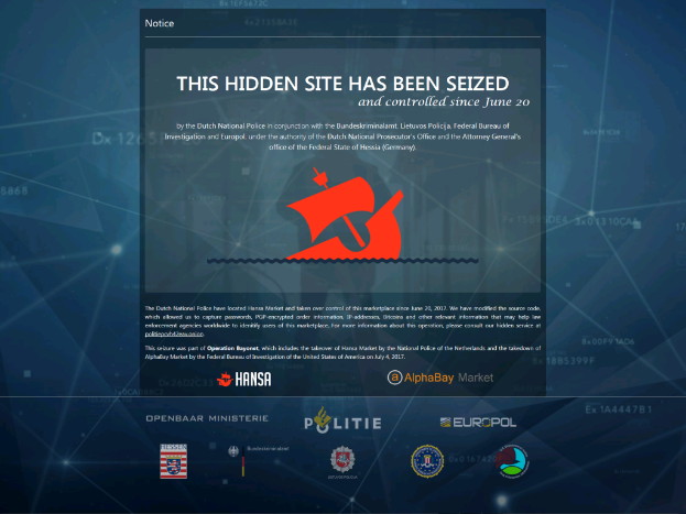 Ein Computerbildschirm mit einer schwarzen, fetten Textnachricht 'Dieser versteckte Ort wurde beschlagnahmt' und einem Logo der niederländischen Polizei mit einem blauen Schild und einem weißen Stern.