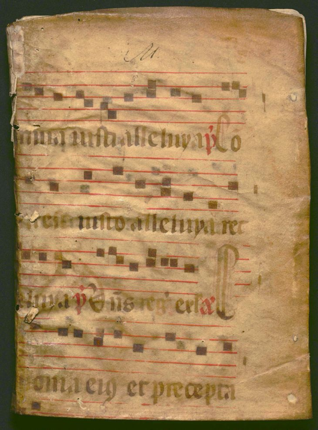 Ein altes Buch mit Noten auf dem Cover ist geöffnet und zeigt Text und Musiksymbole vor einem dunklen Hintergrund.