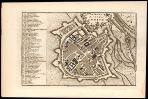 Ein detaillierter alter Stadtplan von München, Deutschland, auf einem schwarzen Hintergrund, der Straßen, Gebäude und Sehenswürdigkeiten zeigt, mit Text, der zusätzliche Informationen bietet.