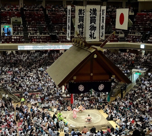 Large crowd in a stadium watching two sumo wrestlers compete, surrounded by banners, railings, and lighting.