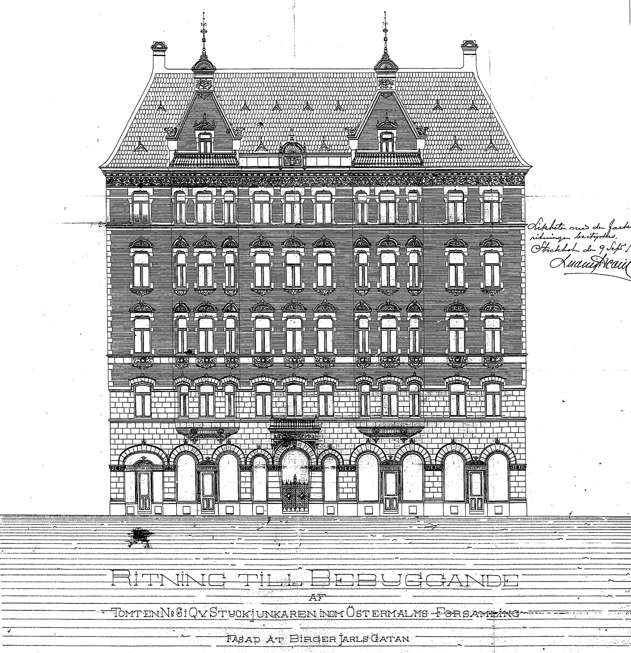 Schwarze und weiße detaillierte Zeichnung des Ritz-Carlton Hotels in Hamburg, Deutschland, mit einem Gebäude mit zahlreichen Fenstern und sichtbarem Text.