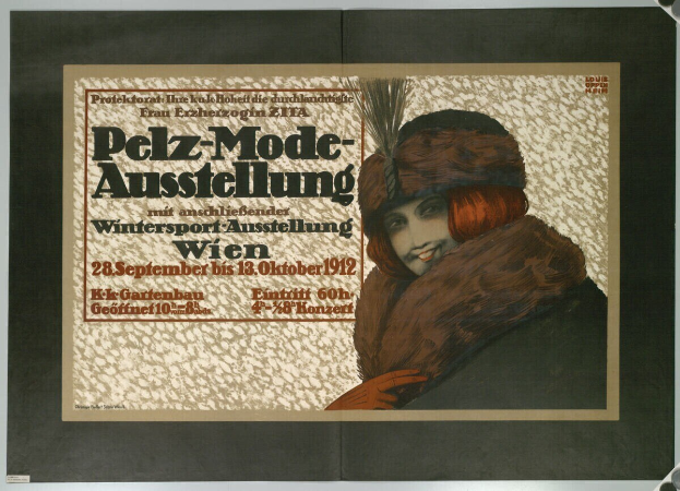 Plakat wirbt für ein Wintersport-Event in Wien, Österreich, mit einem strahlenden Frau im Pelzmantel und Hut sowie Eventdetails im Text.