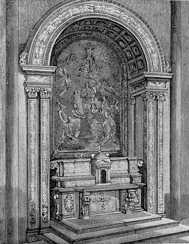 Eine Schwarzweiß-Radierung eines Kircheninneren mit Säulen, Stufen, einer Wandskulptur und dem Text "Taufe Christi" unten.