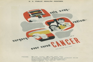 Plakat mit einem Mann im Anzug und weißer Laborkittel mit Stethoskop, der entschlossen aussieht, vor einem hellrosa Hintergrund mit großer weißer Schrift, die "Chirurgie heilt Krebs" lautet.