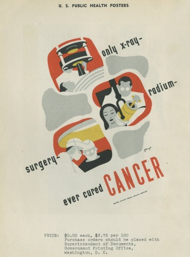 Plakat mit einem Mann im Anzug und weißer Laborkittel mit Stethoskop, der entschlossen aussieht, vor einem hellrosa Hintergrund mit großer weißer Schrift, die "Chirurgie heilt Krebs" lautet.