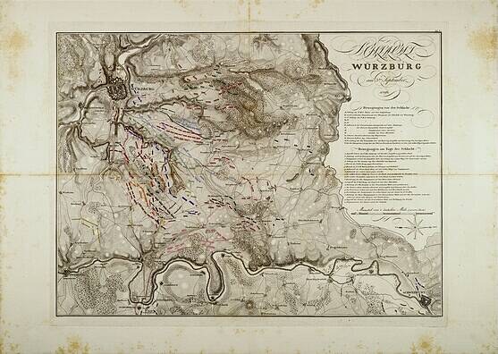Ausführliche alte Karte von Würzburg, Deutschland, zeigt Straßen, Gebäude und Sehenswürdigkeiten mit begleitendem Text über Bevölkerung, Straßen und bemerkenswerte Merkmale.