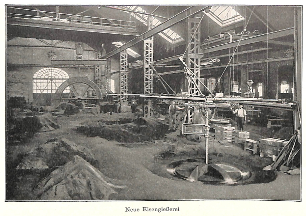 Ein altes Schwarz-Weiß-Foto einer Fabrik mit Arbeitern, die an einer Maschine arbeiten, umgeben von Metallstangen und -pfählen, mit dem Text 'Neue Eisengießerei, die erste Fabrik in Deutschland' unten.