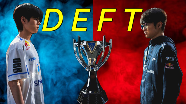 Zwei Männer vor einem roten und blauen Hintergrund mit einer Trophäe dazwischen, wobei einer ein weißes T-Shirt trägt und der andere eine Brille trägt, und Text der besagt "League of Legends vs League of Legends".