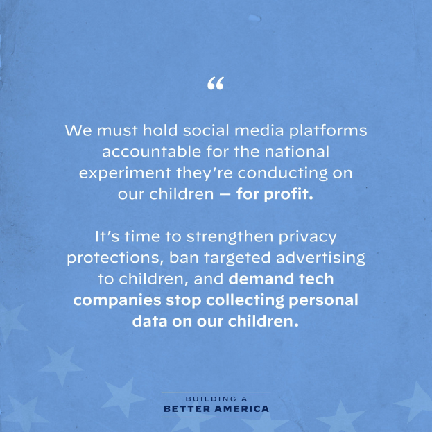Plakat mit Zitat aus 'Building a Better America', das soziale Medienplattformen zur Verantwortung für Experimente an Kindern fordert, geschmückt mit Sternen.