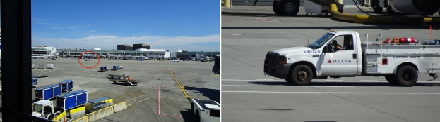 Ein Collage mit zwei Bildern: Eines zeigt Fahrzeuge auf einer Rollbahn mit einem Schuppen im Hintergrund und Himmel darüber, das andere zeigt einen Lastwagen auf einer Straße mit einem Fahrzeug im Hintergrund.