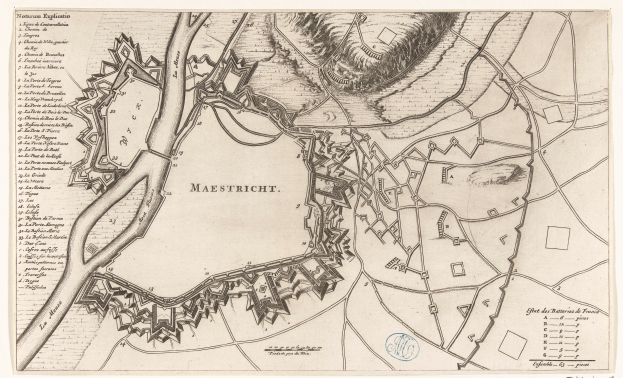 Ein detaillierter Stadtplan von Maastricht, Deutschland, auf Papier mit Straßen, Gebäuden und Sehenswürdigkeiten.