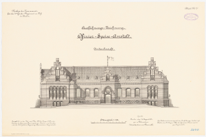 Eine Zeichnung des Hauptsaals des Deutschen Bundestages in Berlin, Deutschland, mit einer Flagge oben drauf, begleitet von beschreibendem Text.