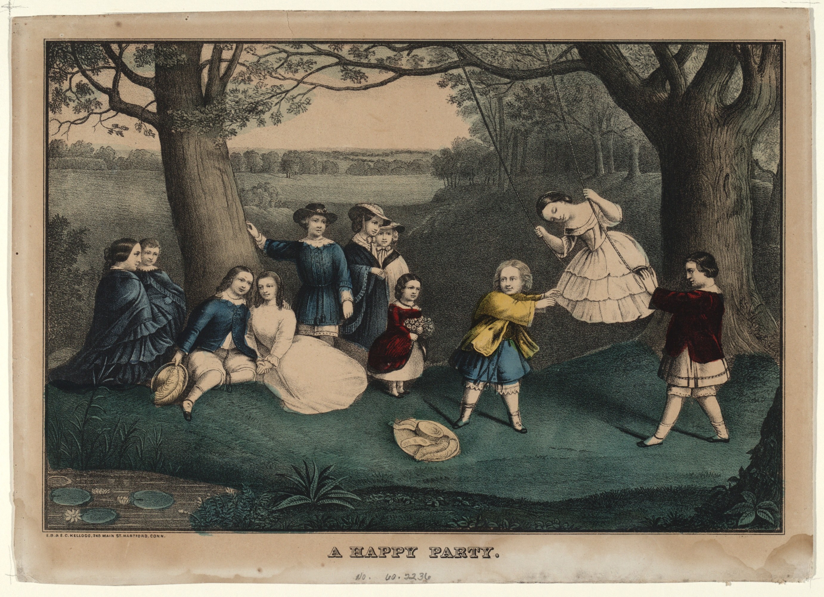 Kinder spielen in einem Park mit Baumen und Gras, einige sitzen und andere stehen, mit dem Text "Ein fröhliches Fest" unten.