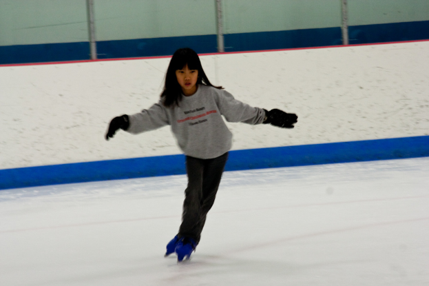Eine Person in Kleidung fährt auf dem Eis mit Stangen am oberen Bildrand.