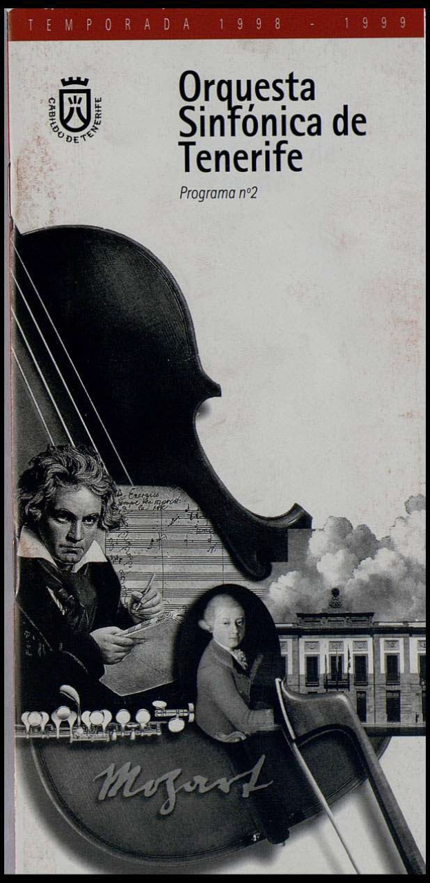 Ein Plakat für Mozarts Symphonie Nr. 2 D-Moll, Op. 63, mit zwei Geigern im Vordergrund und einem Gebäude im Hintergrund, mit der Aufschrift "Orquesta Sinfónica de Tenerife Programa Nº 2".