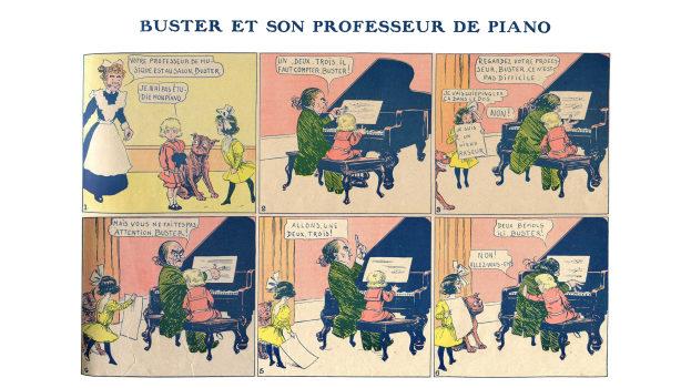 Ein Comicstrip, der einen Mann und eine Frau zeigt, die gemeinsam ein Piano spielen, mit der Aufschrift "Buster et son professeur de piano" oben.