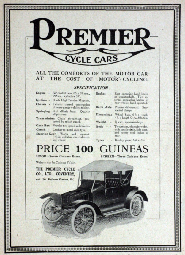 Werbeposter für Premier Cycle Cars mit einem klassischen schwarzen Auto mit schlankem Design und mutiger weißer Schrift.