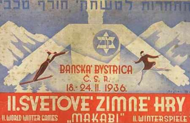 Plakat für die 1936er Weltwinterspiele in Maksabi mit zwei Skifahrern im Vordergrund und Bergen im Hintergrund sowie Text mit Ereignisinformationen.