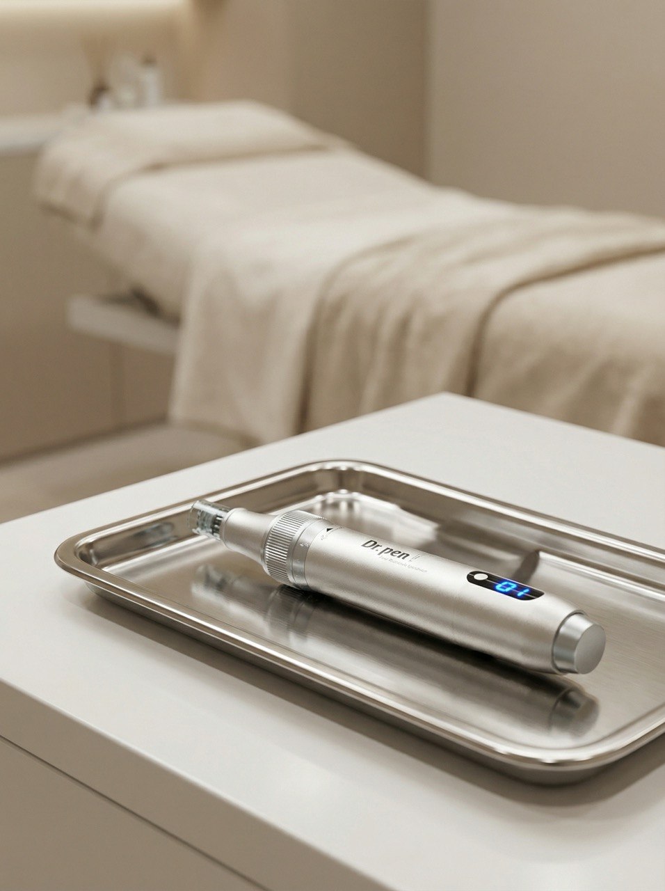 Professionelles Microneedling-Instrument auf einem sterilen Tablett in einem modernen Kosmetikstudio.