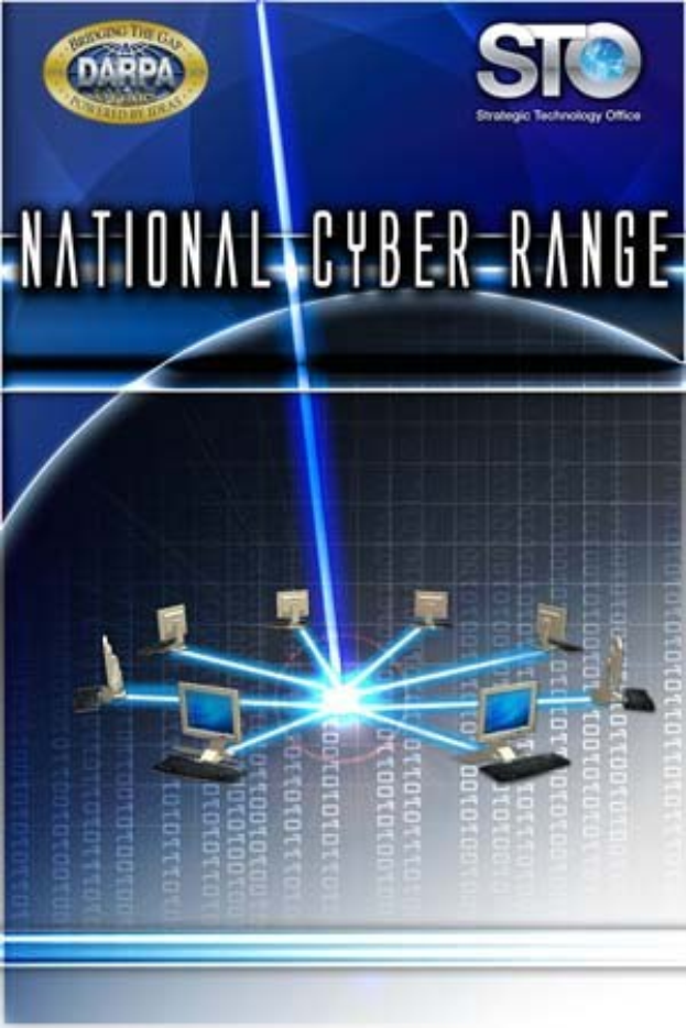 Plakat mit 'Nationaler Cyber-Range' in fetter weißer Schrift auf blauem Hintergrund, das eine Weltkugel mit mehreren angeschlossenen Computern zeigt.