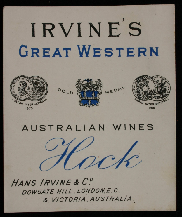 Plakat, das "Irvines Great Western Australian Wines Hock" mit Firmenlogos bewirbt, wahrscheinlich verschiedene Weinsorten.