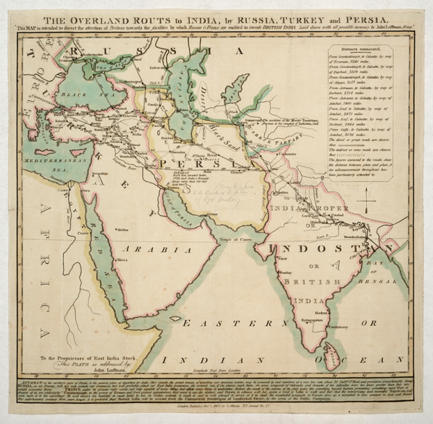 Ein detaillierter Papierplan, der Überlandrouten nach Indien, Russland, Türkei und Persien zeigt, mit Ländern, Grenzen, wichtigen Städten, Gewässern und textuellen Informationen über Routen und Entfernungen.